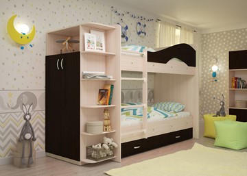 Детская 2-этажная кровать Мая на щитах со шкафом и ящиками, корпус Млечный дуб, фасад Венге в Магадане