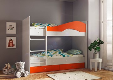 Двухъярусная кровать Мая с 2 ящиками на щитах, корпус Млечный дуб, фасад Оранжевый в Магадане