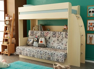 Детская двухъярусная кровать Омега-17 с диваном (Дуб млечный) в Магадане