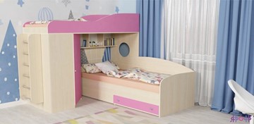 Детская кровать-шкаф Кадет-2 с металлической лестницей, корпус Дуб, фасад Розовый в Магадане