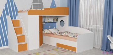 Детская кровать-чердак Кадет-2 с универсальной лестницей, корпус Белое дерево, фасад Оранжевый в Магадане
