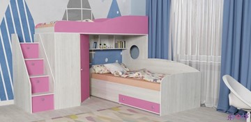 Детская кровать-шкаф Кадет-2 с универсальной лестницей, корпус Винтерберг, фасад Розовый в Магадане