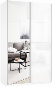 Шкаф двухдверный Прайм (Зеркало/Белое стекло) 1400x570x2300, белый снег в Магадане