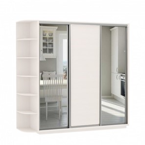 Шкаф 3-х дверный Экспресс (Зеркало/ДСП/Зеркало) со стеллажом, 2400х600х2200, белый снег в Магадане