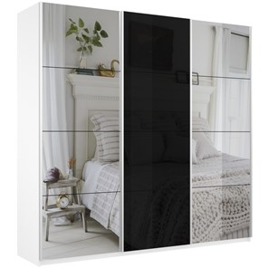Шкаф 3-дверный Е1 Широкий Прайм (2 Зеркала / Стекло черное) 2400x570x2300, Белый Снег в Магадане