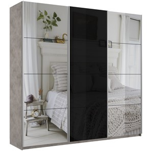 Шкаф 3-х дверный Широкий Прайм (2 Зеркала / Стекло черное) 2400x570x2300, Бетон в Магадане