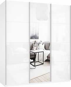 Шкаф-купе 3-х створчатый Прайм (Белое стекло/Зеркало/Белое стекло) 1800x570x2300, белый снег в Магадане