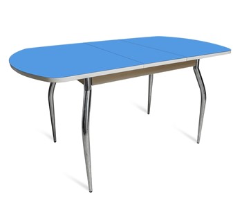 Раздвижной стол ПГ-07 СТ2, дуб молочный/синие стекло/35 хром гнутые металл в Магадане