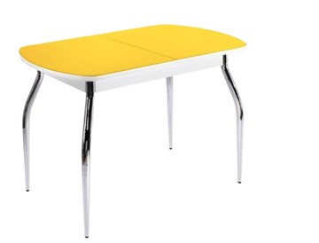Кухонный стол раскладной ПГ-07 СТ2, белое/желтое стекло/35 хром гнутые металл в Магадане
