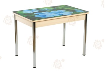 Кухонный стол раскладной Айсберг-01 СТФ, дуб/фотопечать фиалка/ноги хром прямые круглые в Магадане