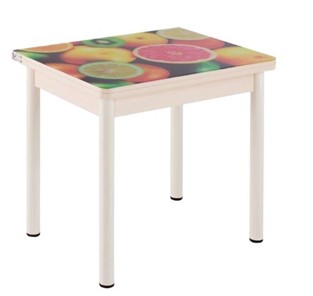 Стеклянный стол СПА-01 СТФ, дуб молочный ЛДСП/стекло фрукты/36 прямые трубки крашеные белые в Магадане