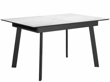 Стеклянный обеденный стол раздвижной DikLine SFH125 стекло Оптивайт Белый мрамор/подстолье черное в Магадане