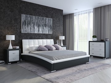 Двуспальная кровать Corso-1L 140x200, Экокожа (Черный с белым) в Магадане
