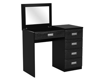 Столик косметический Como/Veda, с зеркалом, 4 ящика, правый, ЛДСП черный/Экокожа кайман черный в Магадане