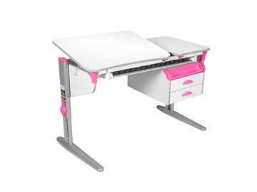 Детский стол-трансформер 5/75-40 СУТ.45 с лотком+ Tumba 3  Рамух белый/серый/розовый в Магадане