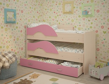 Двухэтажная детская кровать Радуга 1.6 с ящиком, корпус Млечный дуб, фасад Розовый в Магадане - предосмотр
