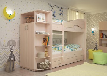 Детская двухэтажная кровать Мая на щитах со шкафом и ящиками, цвет Млечный дуб в Магадане - предосмотр
