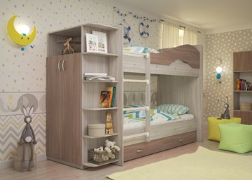 Двухъярусная детская кровать Мая на щитах со шкафом и ящиками, корпус Шимо светлый, фасад Шимо темный в Магадане - предосмотр