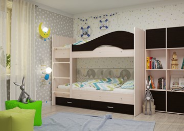 Детская  двухъярусная кровать Мая с 2 ящиками на щитах, корпус Млечный дуб, фасад Венге в Магадане - предосмотр 1