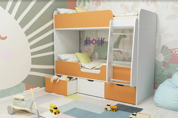 Двухэтажная детская кровать Малыш двойняшка 70х160, корпус Белое дерево, фасад Оранжевый в Магадане - предосмотр