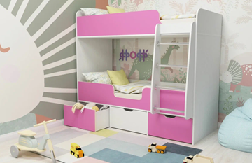 Детская 2-этажная кровать Малыш двойняшка 70х160, корпус Белое дерево, фасад Розовый в Магадане - предосмотр