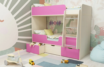 Двухэтажная детская кровать Малыш двойняшка 70х160, корпус Дуб молочный, фасад Розовый в Магадане - предосмотр