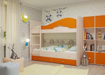 Детская двухэтажная кровать Мая на щитах, корпус Млечный дуб, фасад Оранжевый в Магадане - предосмотр 1