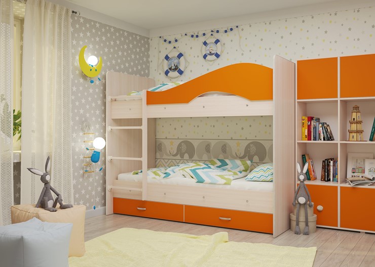 Детская двухэтажная кровать Мая на щитах, корпус Млечный дуб, фасад Оранжевый в Магадане - изображение 1