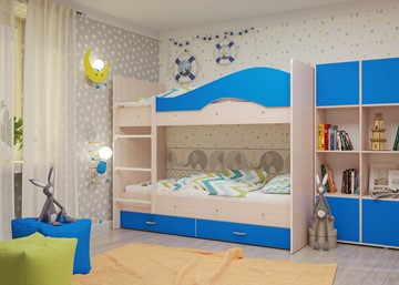 Детская 2-х ярусная кровать Мая на щитах со шкафом и ящиками, корпус Млечный дуб, фасад Синий в Магадане - предосмотр 2