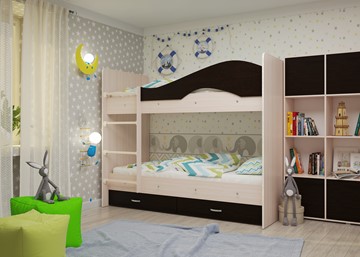 Детская 2-этажная кровать Мая на щитах со шкафом и ящиками, корпус Млечный дуб, фасад Венге в Магадане - предосмотр 1