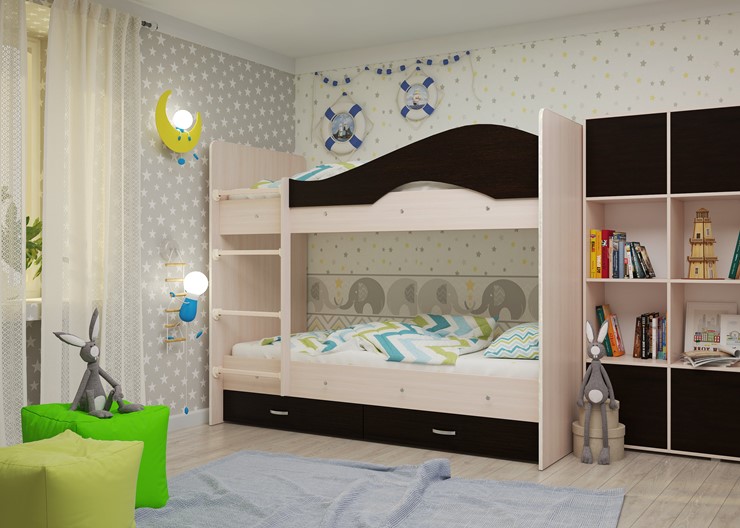 Детская 2-этажная кровать Мая на щитах со шкафом и ящиками, корпус Млечный дуб, фасад Венге в Магадане - изображение 1