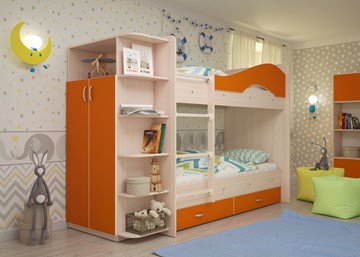 Двухъярусная кровать Мая с 2 ящиками на щитах, корпус Млечный дуб, фасад Оранжевый в Магадане - предосмотр 1