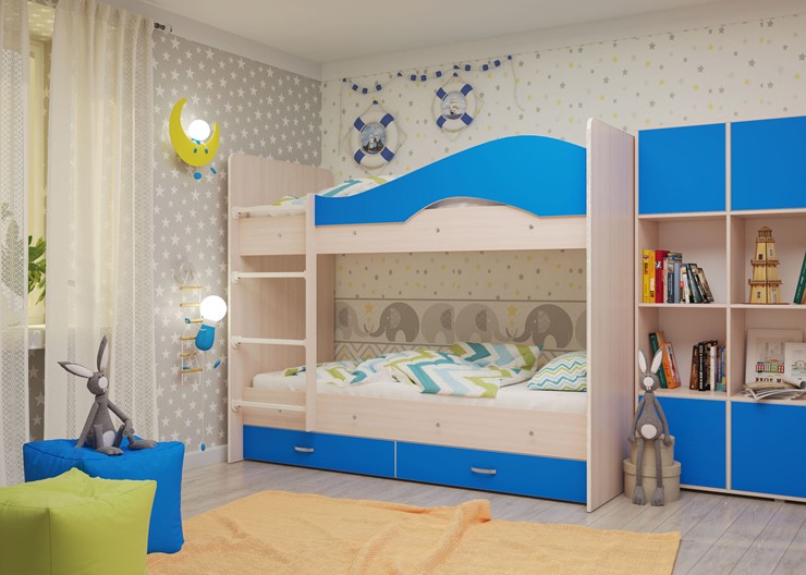 Детская двухэтажная кровать Мая с 2 ящиками на щитах, корпус Млечный дуб, фасад Синий в Магадане - изображение 3