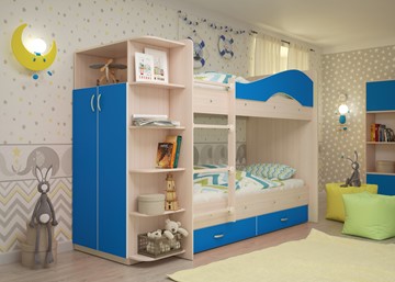 Детская двухэтажная кровать Мая с 2 ящиками на щитах, корпус Млечный дуб, фасад Синий в Магадане - предосмотр 1