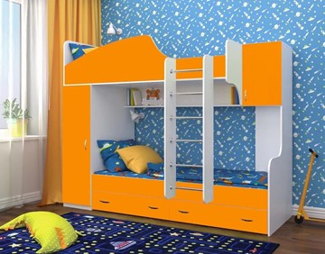 Детская кровать-шкаф Юниор-2, каркас Белое дерево, фасад Оранжевый в Магадане
