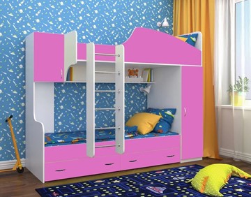 Детская 2-этажная кровать Юниор-2, каркас Белое дерево, фасад Розовый в Магадане - предосмотр