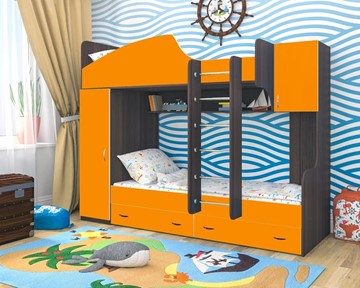 Детская двухъярусная кровать Юниор-2, каркас Ясень анкор темный, фасад Оранжевый в Магадане - предосмотр