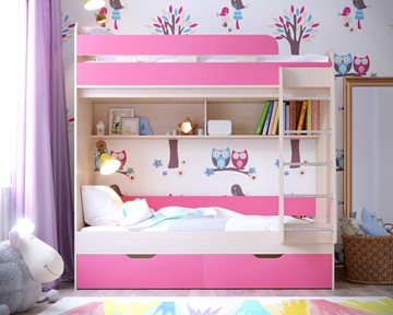 Двухъярусная детская кровать Юниор-5, каркас Дуб, фасад Розовый в Магадане - предосмотр