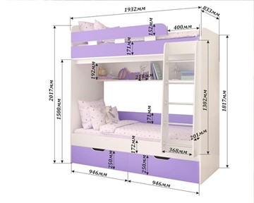 Двухъярусная детская кровать Юниор-5, каркас Дуб, фасад Розовый в Магадане - предосмотр 1