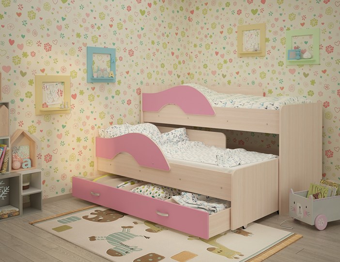 Двухэтажная детская кровать Радуга 1.6 с ящиком, корпус Млечный дуб, фасад Розовый в Магадане - изображение 1