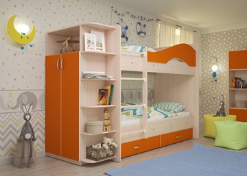Кровать 2-ярусная ТМК Мая на щитах со шкафом и ящиками, корпус Млечный дуб, фасад Оранжевый в Магадане