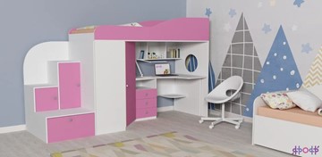 Кровать-чердак в детскую Кадет-1, корпус Белое дерево, фасад Розовый в Магадане - предосмотр