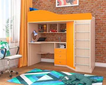 Детская кровать-чердак Кадет-1 с металлической лестницей, корпус Дуб, фасад Оранжевый в Магадане - предосмотр