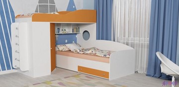 Детская кровать-чердак Кадет-2 с металлической лестницей, корпус Белое дерево, фасад Оранжевый в Магадане - предосмотр