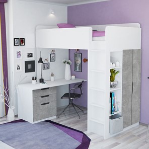 Кровать-чердак с письменным столом и шкафом POLINI Kids Simple Белый / Бетон в Магадане - предосмотр 1