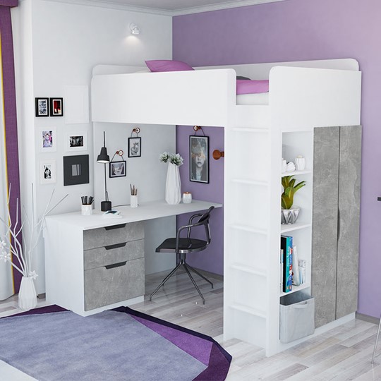 Кровать-чердак с письменным столом и шкафом POLINI Kids Simple Белый / Бетон в Магадане - изображение 1