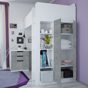 Кровать-чердак с письменным столом и шкафом POLINI Kids Simple Белый / Бетон в Магадане - предосмотр 2