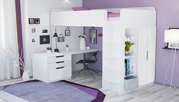 Кровать-чердак с письменным столом и шкафом POLINI Kids Simple Белый в Магадане - предосмотр 1