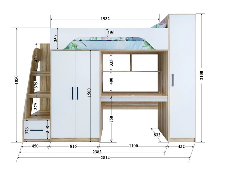 Кровать-чердак с шкафом Тея, каркас Ясень, фасад Белый в Магадане - изображение 2