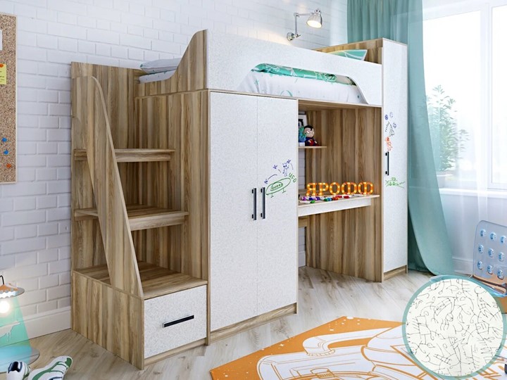 Кровать-чердак в детскую с шкафом Тея, каркас Ясень, фасад Феритейл в Магадане - изображение 1